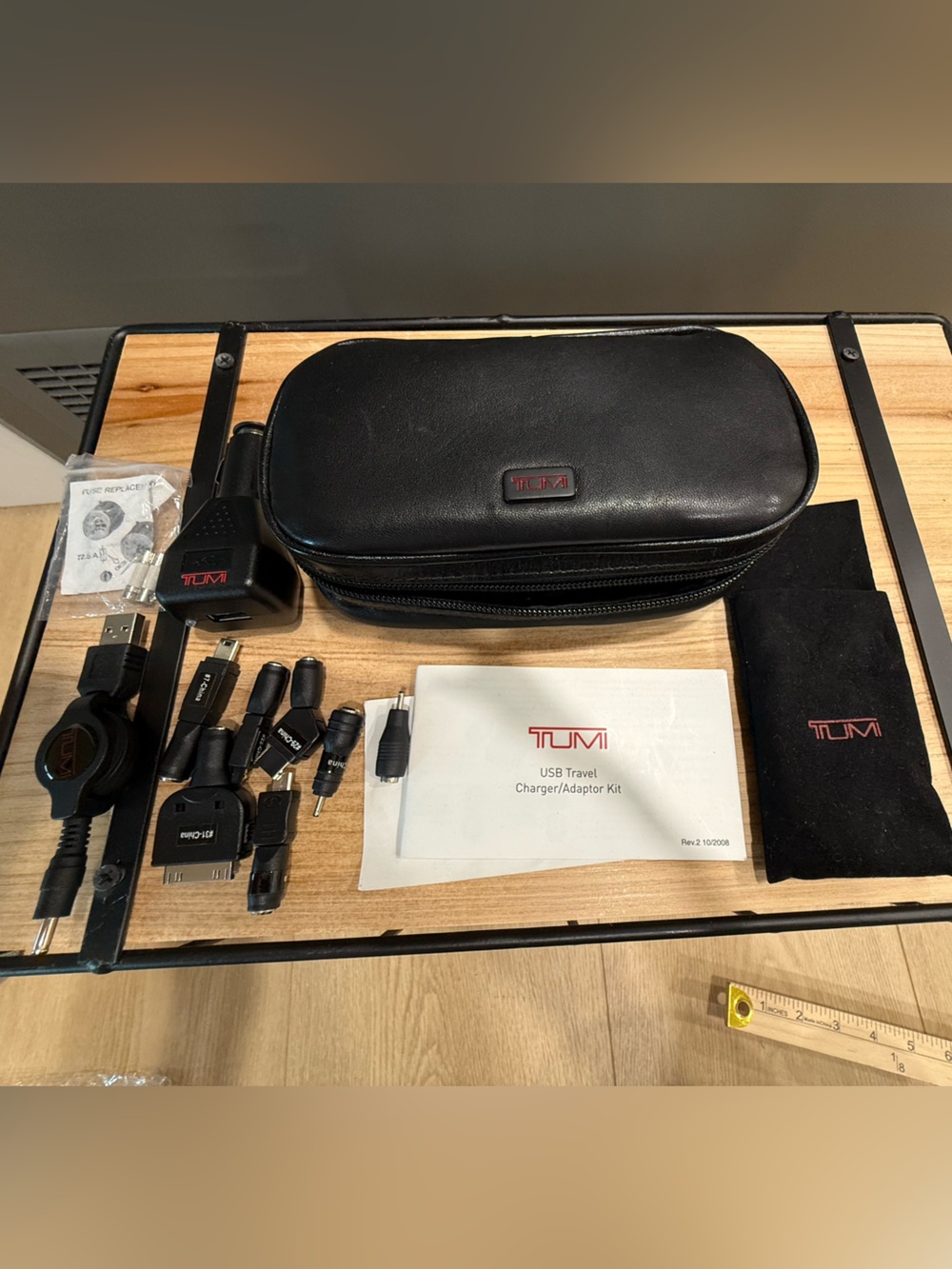 TUMI USB Travel Charger & Adapter Kit Complete Set w/ Leather Case & Accessories
